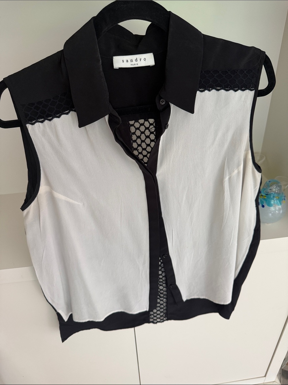 Sandro Black and White Sleeveless Button-Front Blouse with Mesh Insets